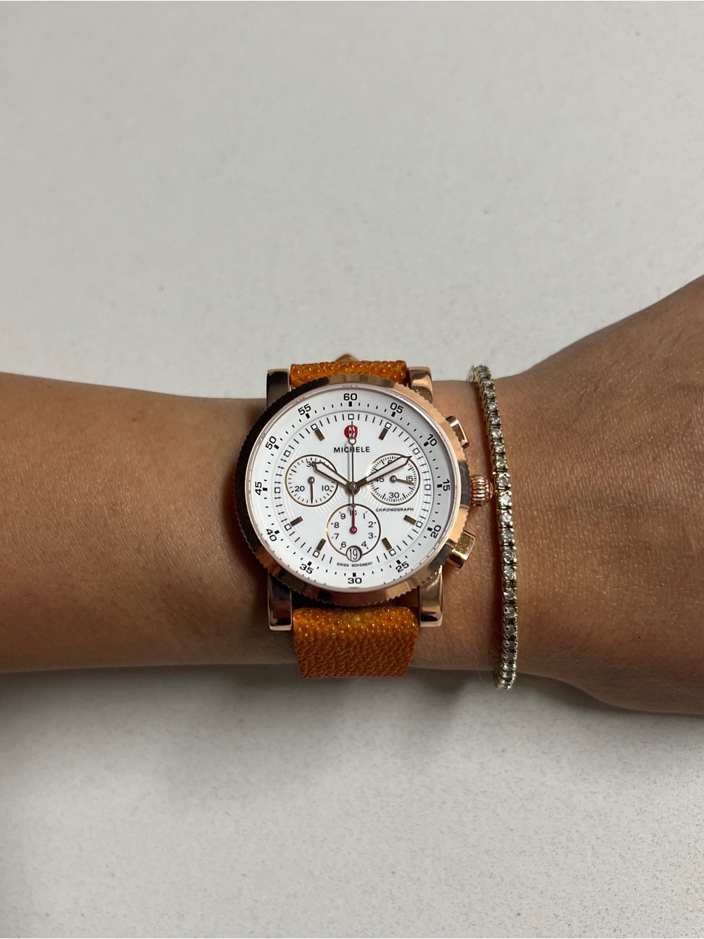 MICHELE Swiss Chronograph Watch Rose Gold Galuchat Stingray Strap - Picture 16 of 16